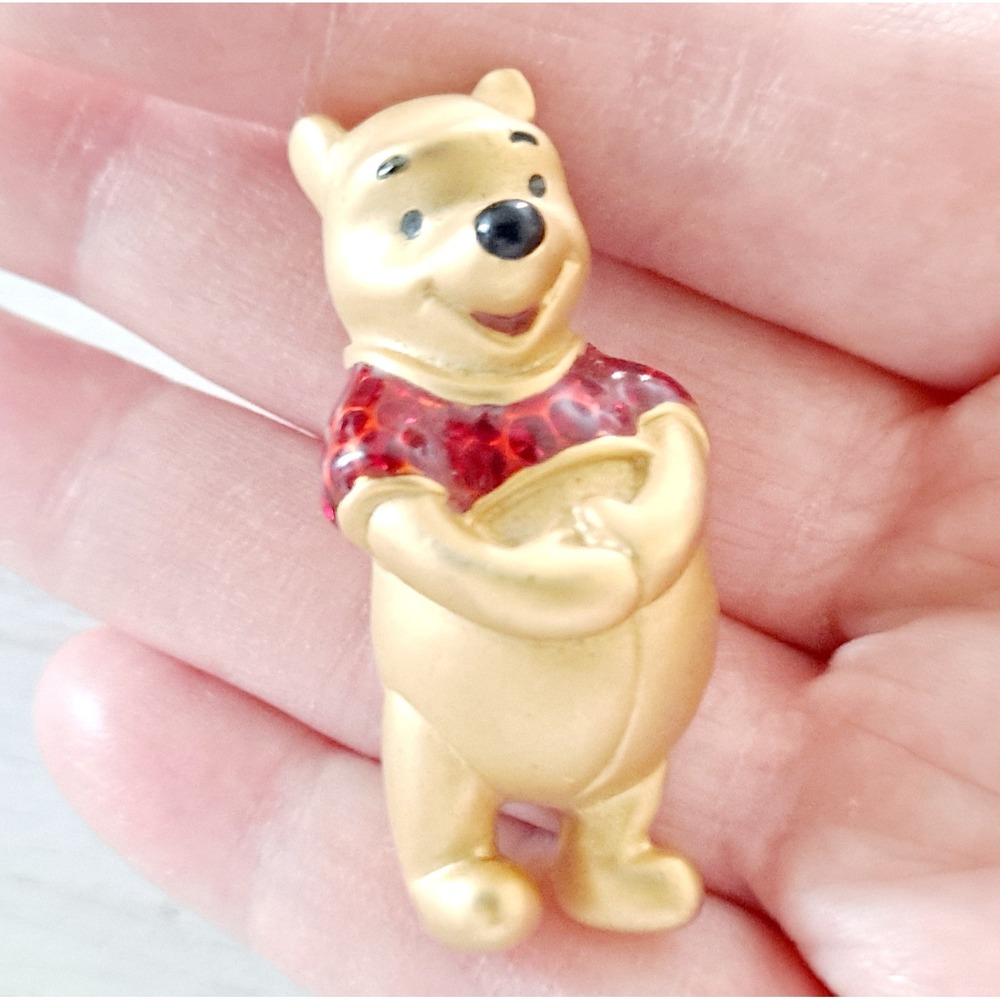 Vintage Disney Winnie the Pooh Bear Brooch Signed Matte Gold Tone Red Enamel Pin
